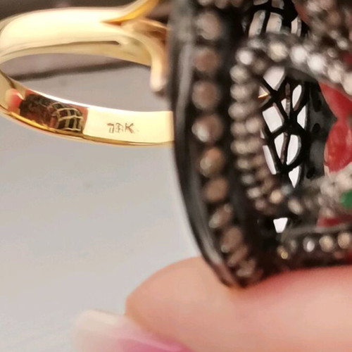 Galerie Tsangarakis 18K gold ring with snakes, diamonds, emeralds & corals