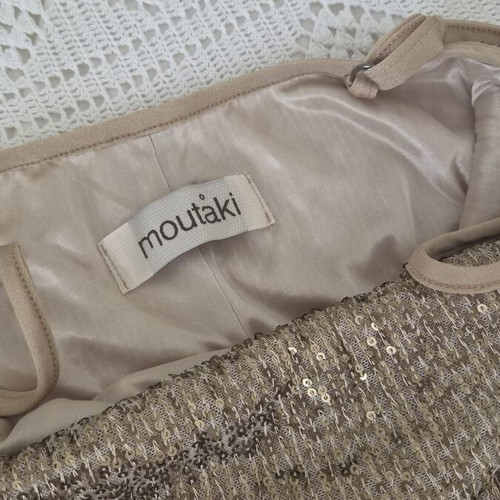 Moutaki mini dress like new, beige and gold sequins, draped bust