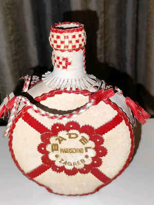 Badel Cherry Maraschino flask used, leather covered, 0.5lt