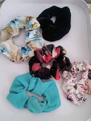 Scrunchies set of five, new, multicolored