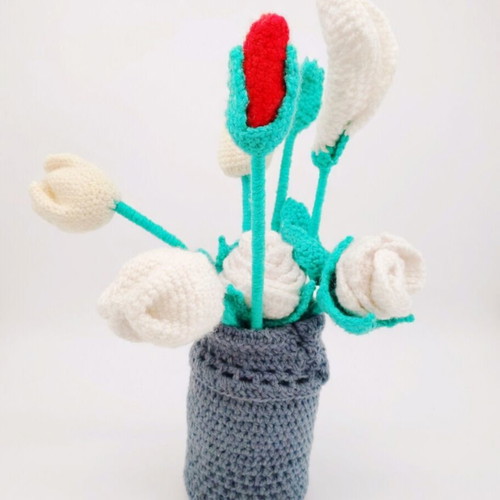 Crochet Flower Set Tulips and Flower in Vase Boho Handmade Gift