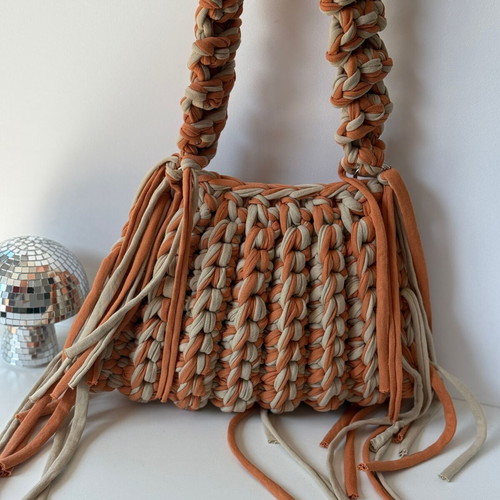 Handmade Crochet Fringe Shoulder Bag new, beige and brown