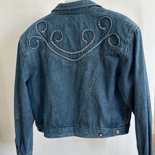 Vintage oversized denim jacket with shoulder pads and rhinestones