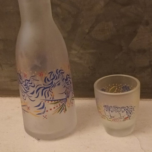 Collectible carafe with shot glass, like new, signed by G. Stathopoulos