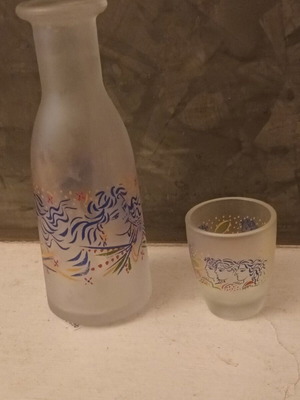 Collectible carafe with shot glass, like new, signed by G. Stathopoulos