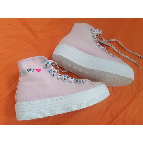 Chiara Ferragni pink canvas platform boots with decorative embroidery