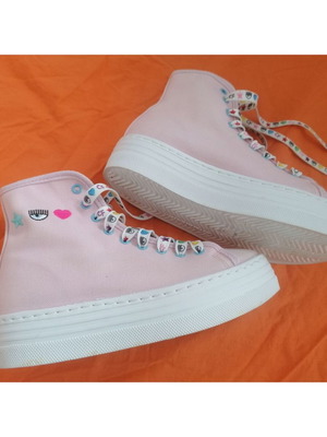 Chiara Ferragni pink canvas platform boots with decorative embroidery