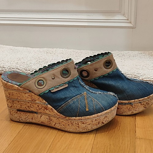 Fornarina Vintage Denim Wedges Mules Y2K Style Size 39 Like New