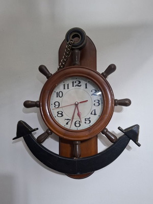 Vintage Wooden Nautical Wall Clock with Ship Wheel and Anchor used
