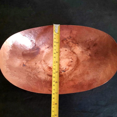 Vintage 1970s copper set, wall plate with roses and oval fruit bowl