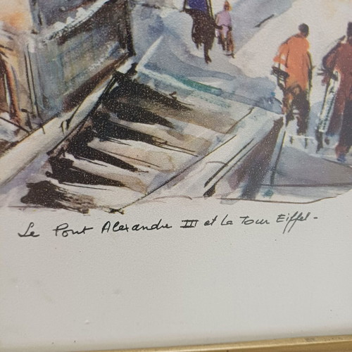 Paris lithograph used, landscape with Alexandre III bridge and Eiffel tower