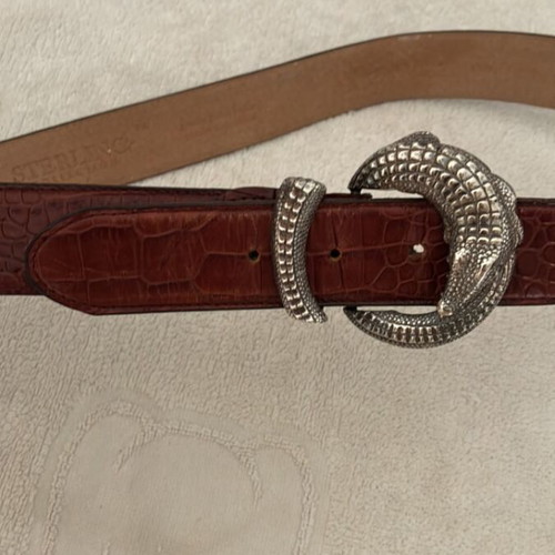 1996 Omega Sterling brown leather belt 95cm, western style, alligator print buckle