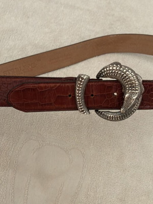 1996 Omega Sterling brown leather belt 95cm, western style, alligator print buckle