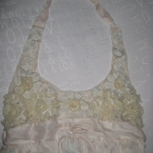 Baby doll dress with floral appliques, peach chiffon