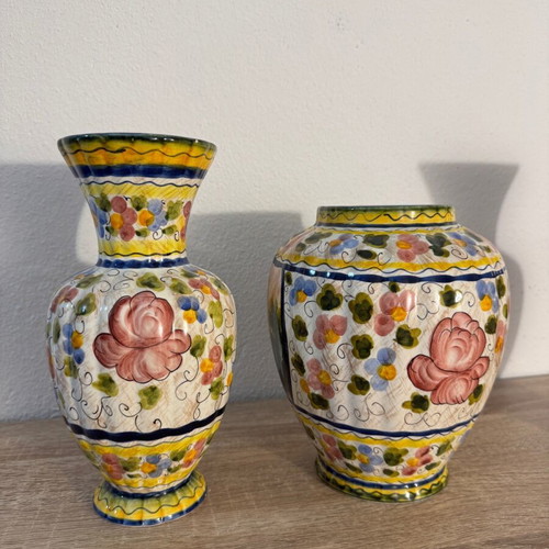 Hand-painted majolica vases used, set of 3