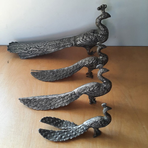 Traditional metal peacocks used, vintage 1950s-60s set