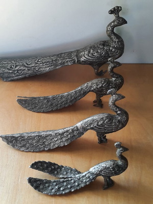 Traditional metal peacocks used, vintage 1950s-60s set