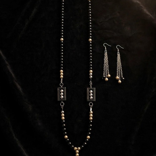 Handmade black beaded long necklace and earrings set