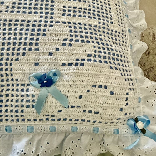 Handmade Crochet Pillow with Lace and Blue Ribbons