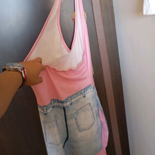 Dress Mini Pink With Jeans Print New