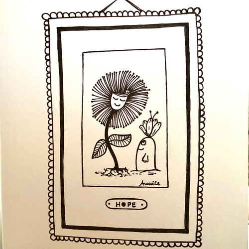 Flower with creature sketch new, original pen drawing frame