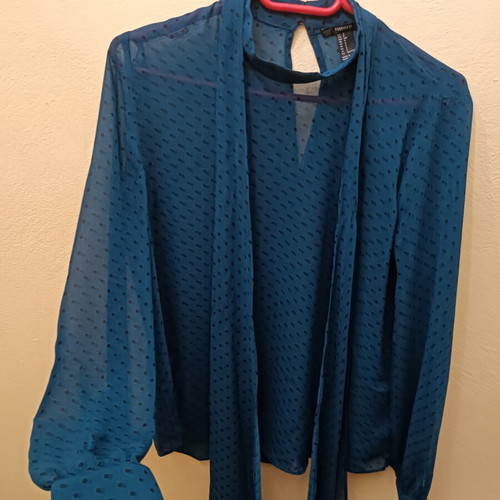 Transparent petrol blouse with polka dots and integrated scarf, like new