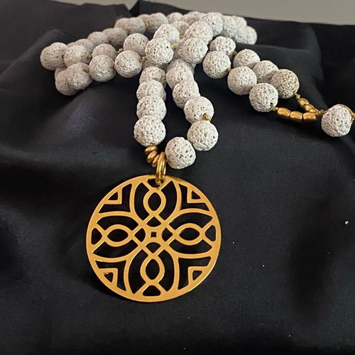 Handmade necklace with lava semi-precious stones and steel motif gray and gold