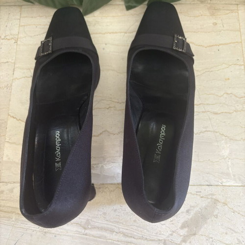 Kalogirou Black Satin Pumps size 38 like new with strass buckle
