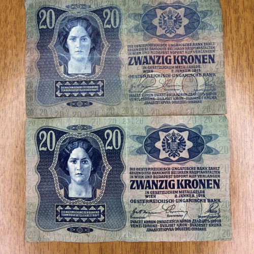 Lot of 2 Austro-Hungarian 20 Kronen banknotes 1913