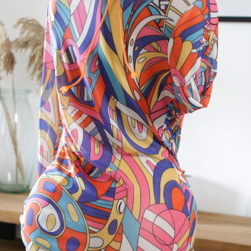 Beachwear set with bikini and fitted bodycon dress in psychedelic pattern new