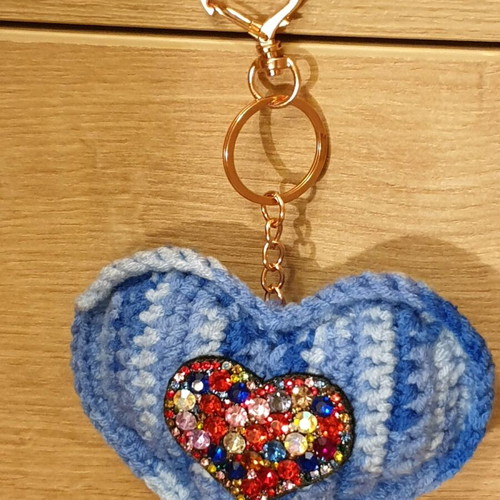 Heart-shaped blue ombre charm keychain with colorful rhinestones handmade new
