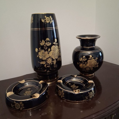 Ceramic set used, Greek made, black with 24k gold, 2 ashtrays and 2 vases