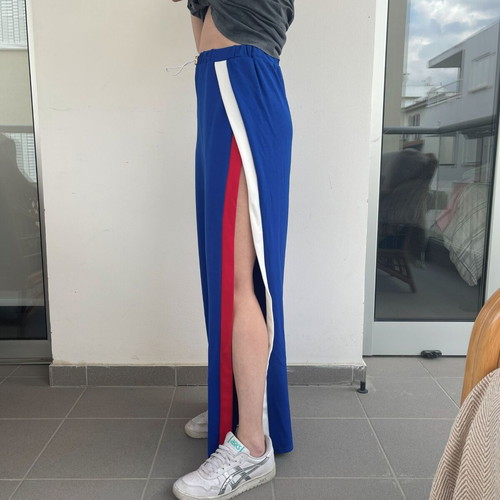 Blue Wide-Leg Pants with Side Slits and Stripes like new