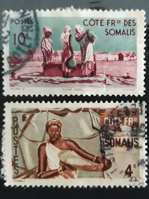 Γραμματόσημα Somali Coast 1947, γαλλική αποικία, γυναίκα και χωριό