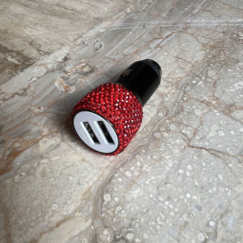 Car charger with red rhinestones and dual USB ports, new