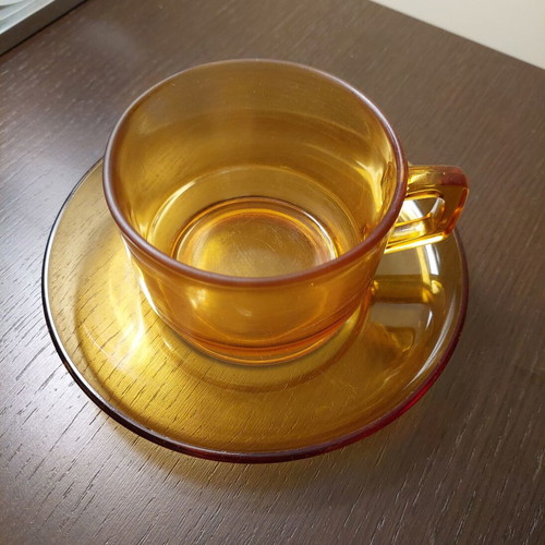 Vintage honey-colored cup with saucer from the 70s used, rare