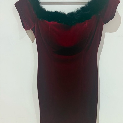 Bordeaux velvet evening dress like new with feather shoulders