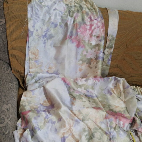 Satin floral quilt set with drapery and curtain panels