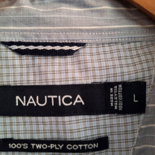 Nautica men's used long-sleeve striped shirt L white gray