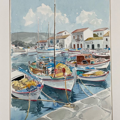 Watercolor by Giorgos Papadoperakis featuring Fishing Boats in passepartout