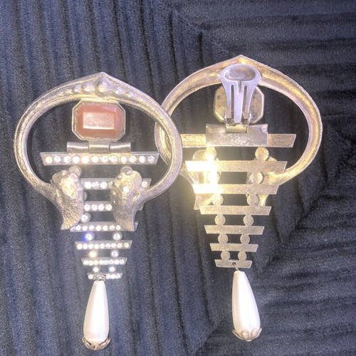 Vintage statement earrings like new, gold and silver with crystals and pearl