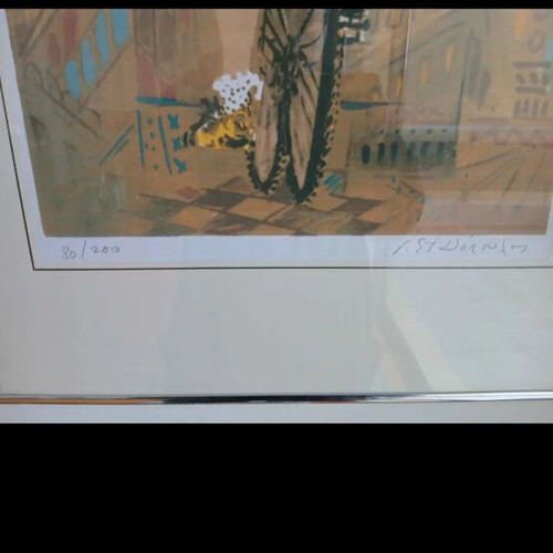 Silk Screen Print The Cyclist by Giorgos Stathopoulos like new, silver frame
