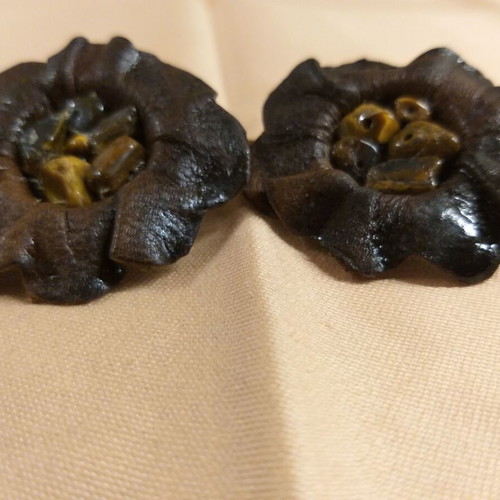 Earrings handmade with leather and tiger's eye quartz like new, brown and gold