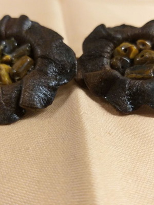 Earrings handmade with leather and tiger's eye quartz like new, brown and gold