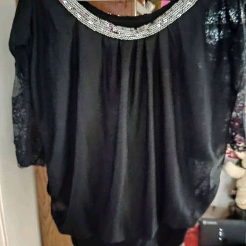 Shiny formal blouse small like new, black with sequins and lace