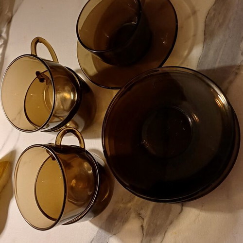 Vereco France vintage set of 5 coffee cups and saucers used, smoked glass