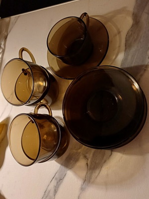Vereco France vintage σετ 5 φλιτζάνια καφέ με πιατάκια μεταχειρισμένο, φιμέ γυαλί