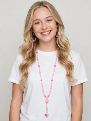 handmade pink long necklace and earrings set