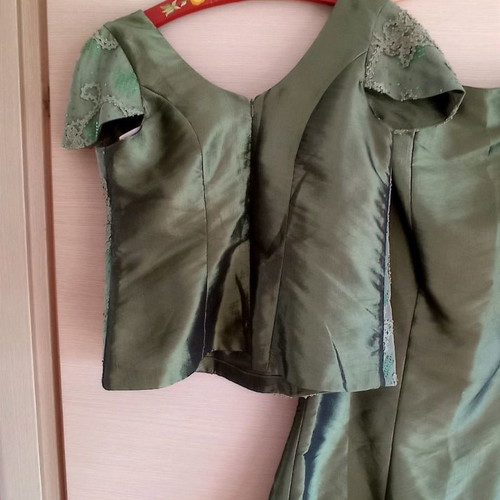 Evening set used, satin fabric with embroidery, size 54, green