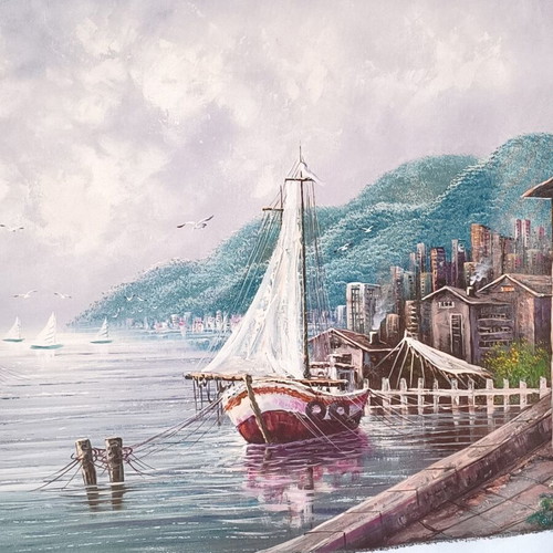 Large Oil Painting on Canvas Seascape 96×68 cm by B. HWAN